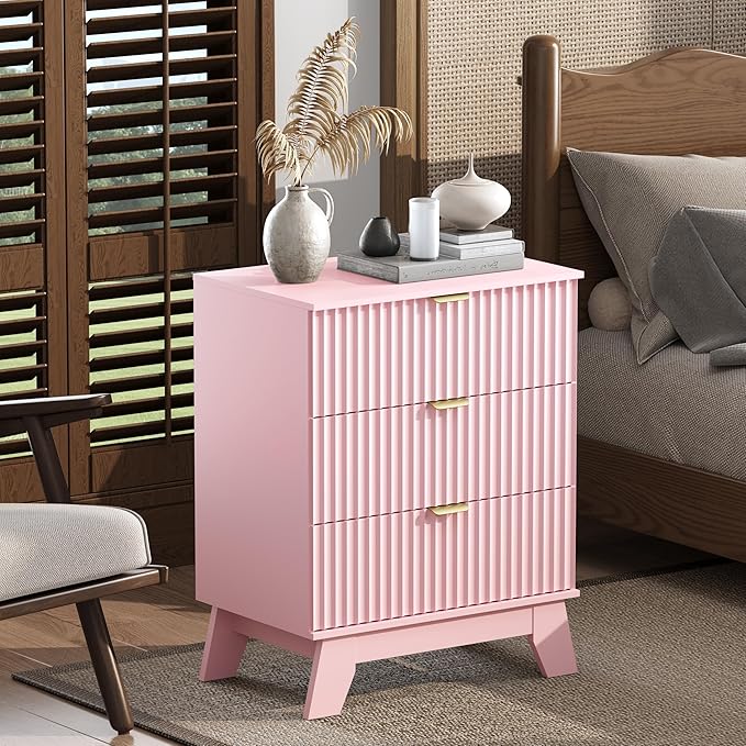 Night Stand Set 2, Bedside Table & End Table, Mid Century Modern Fluted Wood Nightstand with 3 Drawers & Metal Handles, Farmhouse Nightstand for Bedroom, Pink