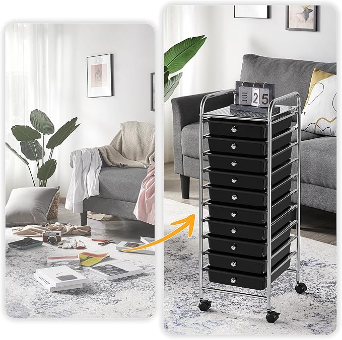 Yaheetech Rolling Cart Organizer Plastic Trolley with 10 Storage Drawers Utility Cart on Wheels Art Craft Organizer Ample Storage Space, Black