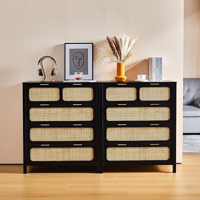 4 Drawer Dresser with Rattan Finish, Modern Farmhouse Chest of Drawers with Metal Handles, Accent Wood Storage Cabinet for Bedroom, Living Room (Black-4 Drawers)