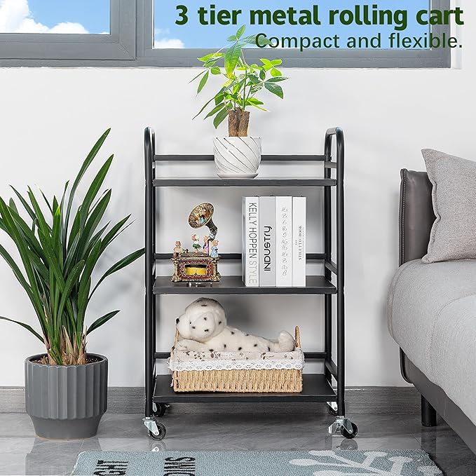 HDANI 3 Tier Rolling Cart Shelves,Heavy Duty Multifunctional Metal Frame-Supports 22 Lbs Per Tier,Rolling Cart with 2 Lockable Wheels for Home,Office,Kitchen,Bathroom,Bedroom,Black