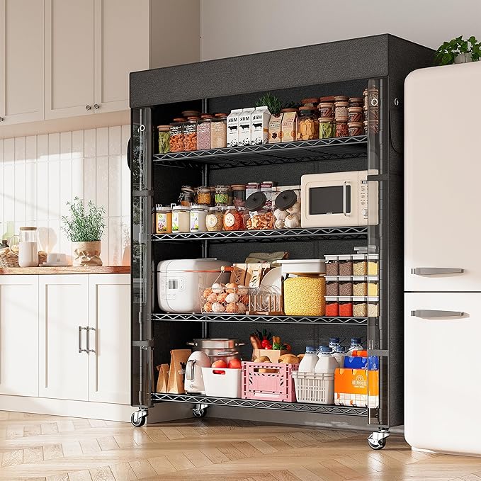 REIBII 72.8" H Storage Shelves with Cover & Wheels, Wire Shelving Heavy Duty Metal Shelving for Pantry Garage Kitchen Commercial Industrail, Storage Rack Shelf Shelving, 35" W*16" D*72.8" H