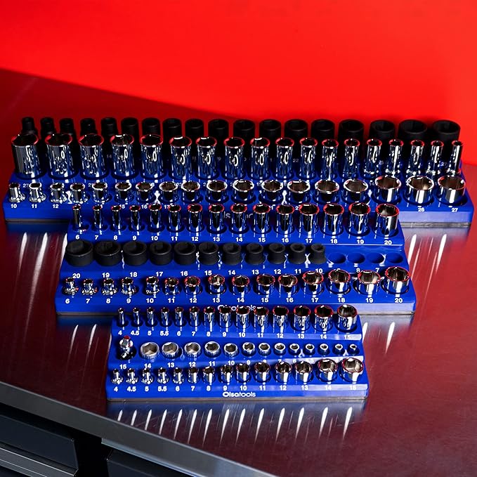 Olsa Tools Magnetic Socket Organizer (1/4-Inch Drive, 3 Row) - Magnetic Tool Organizer & Holder - Metric Blue - Holds 42 Sockets - Professional Grade - Part: 1554
