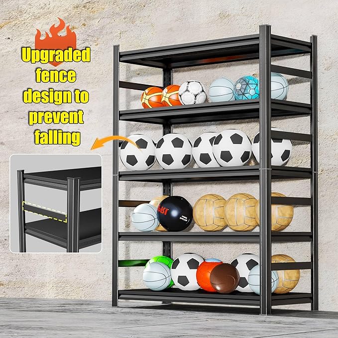 71'' Garage Storage Shelves, 5 Tier Metal Shelving Unit, Adjustable, Double-Layer Column with Reinforced Ribs, Heavy-Duty, Capable of Bearing 3000 lbs Suitable for Garage, Warehouse, Kitchen Storage