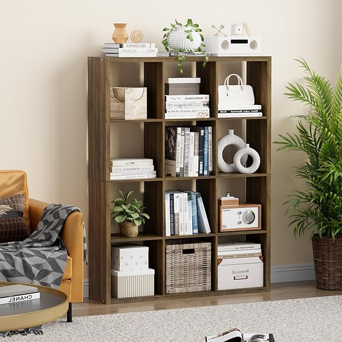 Cube Storage Organizer Bookcase, Decorative 11 inch Open Back Cubical Shelf with Thickened Border, Display Bookshelf for Living Room, Home Office, Sturdy Room (Brown, 12 Cube)
