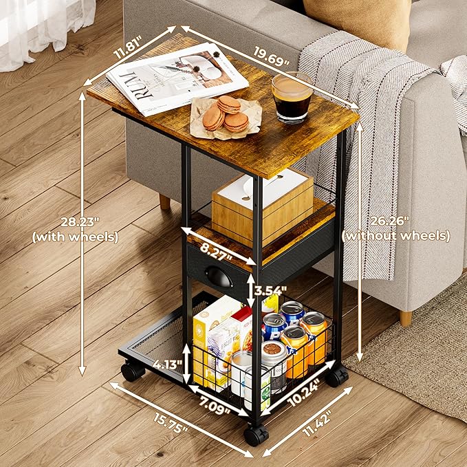 C Shaped Sofa Side Table with Wheels, Rolling Small Coffee Table with Drawer, Portable TV Tray Table for Couch, Bedside Table with Storage, Narrow Nightstand for Bedroom, End Tables Living Room