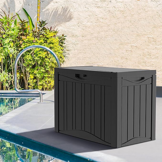 50 Gallon Plus Resin Deck Box, Waterproof Outdoor Storage Box for Patio, Poolside, and Garden, Lockable UV-Resistant Storage Bin Bench Cabinet for Small Spaces, Black