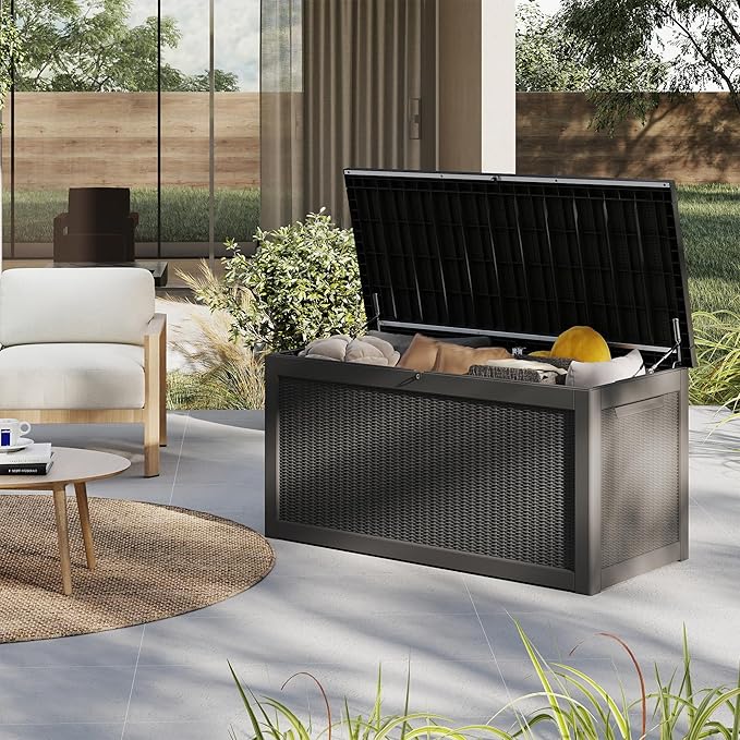 320 Gallon Resin Deck Box, Waterproof Outdoor Storage Box for Patio Furniture Cushions, Garden Tools, and Pool Accessories, Large Lockable UV-Resistant Storage Bin Bench Cabinet for Outside, Black