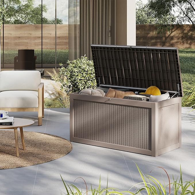 320 Gallon Resin Deck Box, Waterproof Outdoor Storage Box for Patio Furniture Cushions, Garden Tools, and Pool Accessories, Large Lockable UV-Resistant Storage Bin Bench Cabinet for Outside, Grey