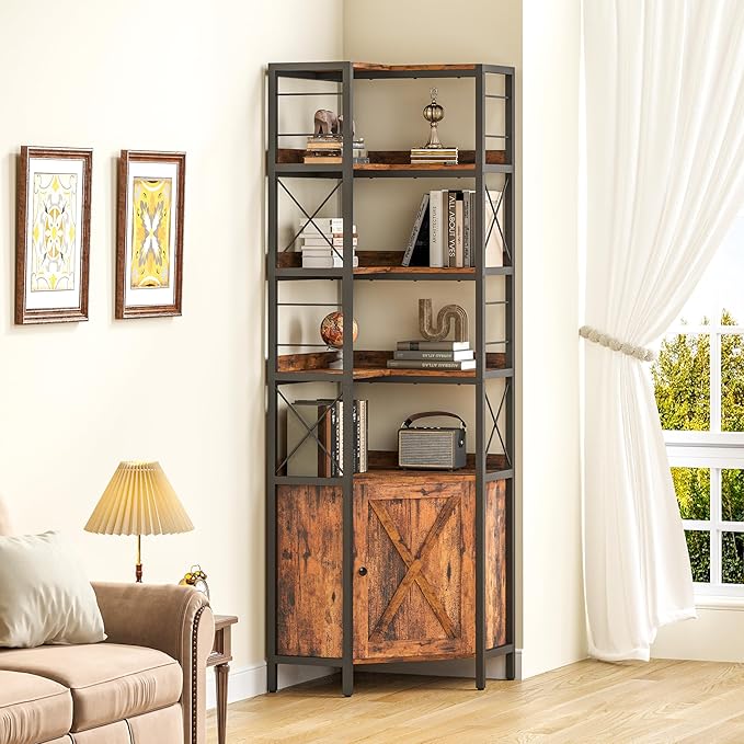 IRONCK Bookshelves 5 Tiers, Corner Bookshelf with Baffles, Bookcase and Bookshelf with Doors, Industrial Display Bookshelves for Living Room, Kitchen