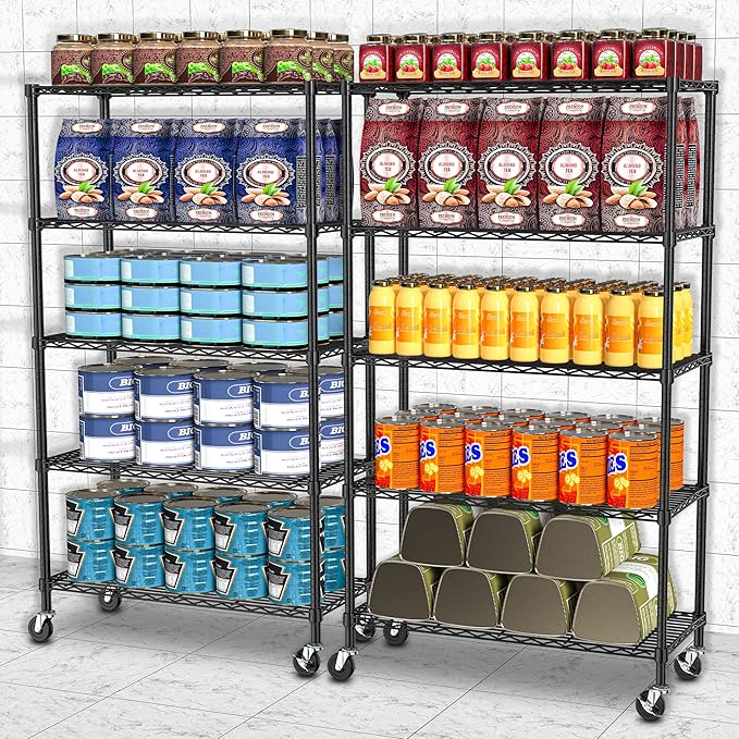 5 Tier Storage Shelves with Wheels - Adjustable Wire Shelving Unit Metal Shelves for Storage Rolling Utility Shelf Organizer Rack for Kitchen Garage Pantry Closet Laundry(14D x 36W x 75H)
