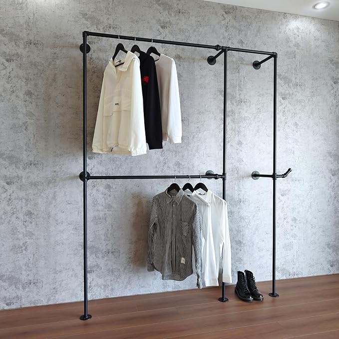 Industrial Pipe Clothing Rack, Heavy Duty Wall Mounted Clothes Rack, Retail Display Hanging Garment Rod for Laundry Rooms, Closet Storage, 14.6x62.5x82.7 Inches, Model AF01