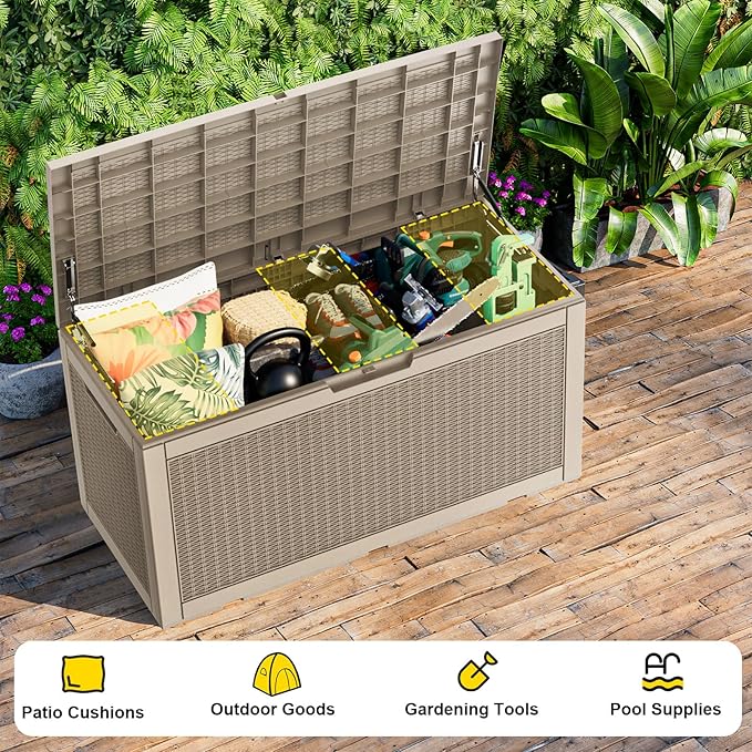 EasyUp 121 Gallon Outdoor Storage Box Waterproof, UV Resistant Resin Deck Box with Hydraulic Rod, Reinforced Stability for Patio, Garden, Quad Leaf Grey
