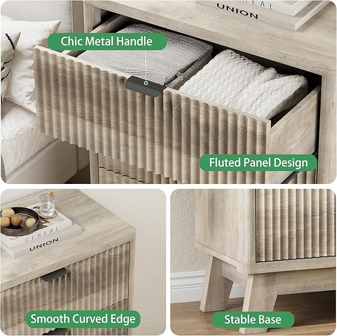 Fluted Nightstand with 3 Storage Drawers, 24" Wide Wood Bedside Table with Mental Handle, Mid Century Modern Wooden Side Table Night Stand, Curved End Table for Bedroom, Living Room, Grey