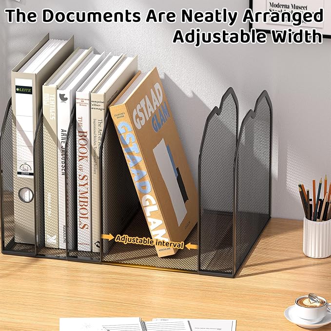 Black 7-Section File Folder Organizer for Desk – Metal Vertical File Holder, Desktop File Organizer Vertical Stand, Letter/A4 Folder Rack, Upright File Sorter, Office Paper Organizer