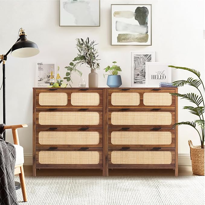 4 Drawer Dresser with Rattan Finish, Modern Farmhouse Chest of Drawers with Metal Handles, Accent Wood Storage Cabinet for Bedroom, Living Room (Walnut-4 Drawers)