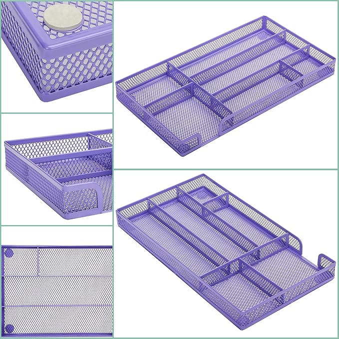Annova Desk Drawer Organizer Tray for Office Organization - Metal Mesh - Storage Tray with Dividers for Pens, Desktop Accessories, Bathroom, Kitchen, Makeup and Office Supplies (Small, Purple)
