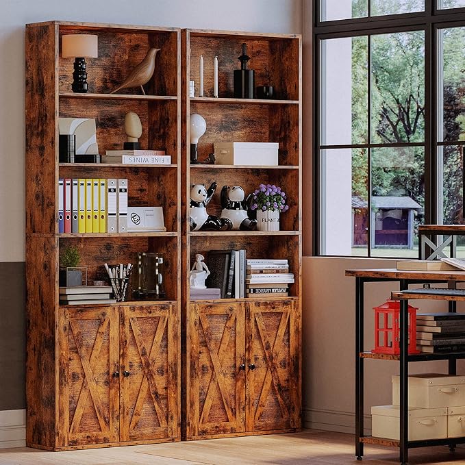 IRONCK Industrial Bookshelves and Bookcases with Doors Set of Two Floor Standing 6 Shelf Display Storage Shelves 70 in Tall Bookcase for Home Office, Living Room