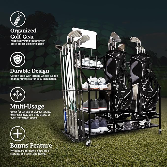 Heavy-Duty Golf Storage Rack for Garage – Holds 2 Golf Bags – Freestanding Organizer with Shelves, Club Stand, Hooks & Basket – Perfect for Shed, Backyard, Home Simulators, Basement