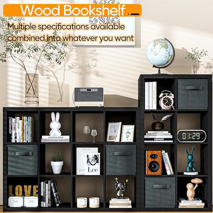 Bookshelf with Storage Bin, 4-Cube Storage Organizer, Modern Wood Open Bookcase, Multifunctional Display Shelf for Living Room, Bedroom, Home Office, Black