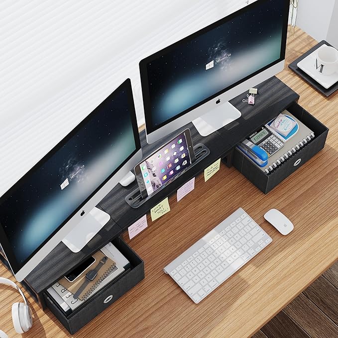 Dual Monitor Stand Riser with 2 Drawers - 39Inch Large Storage Computer Monitor Stands for 2 Monitors, Wooden Desktop Organizer Perfect for Home Office Desk, Computer, Laptop, TV, Black