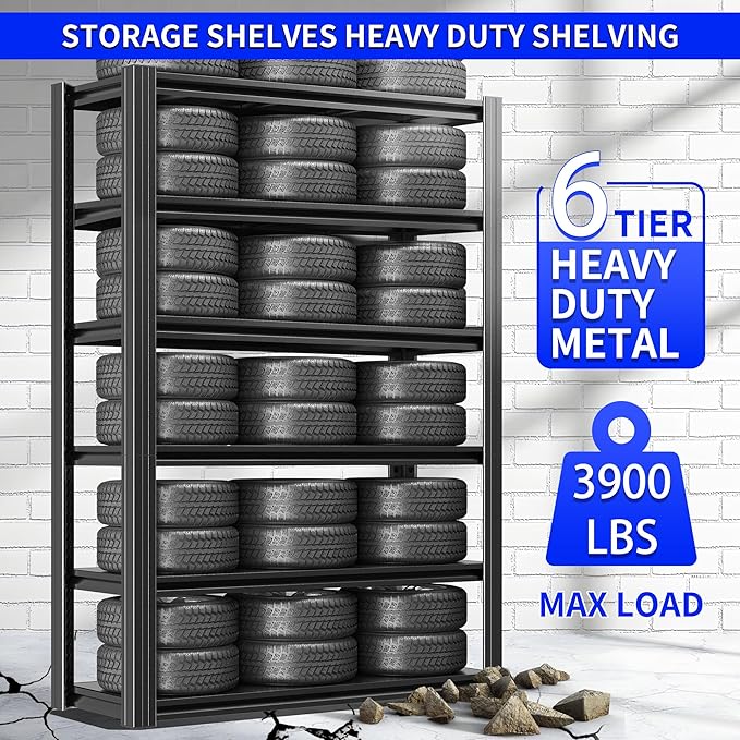 Metal Storage Shelving Heavy Duty, Shelves Unit for Garage, Adjustable 6 Tier Storage Rack, Industrial Utility Shelf for Garage, Warehouse, Basement, Kitchen, 18" D x 48" W x 82.5" H, Black