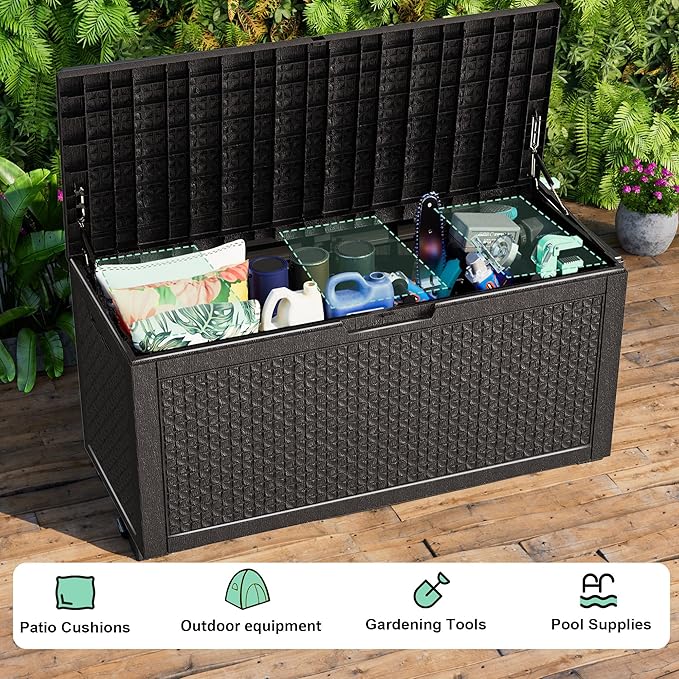 EasyUp 121 Gallon Outdoor Storage Box Waterproof, UV Resistant Resin Deck Box with Hydraulic Rod, Reinforced Stability for Patio, Garden, Quad Leaf Black