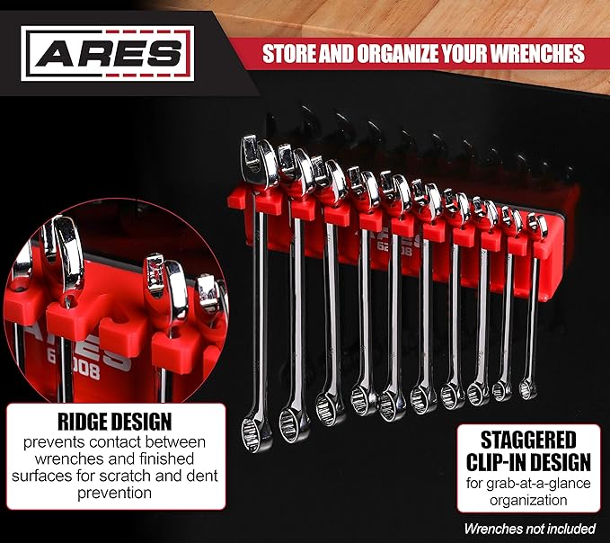 ARES 62008-10-Piece Red Magnetic Wrench Organizer - Sturdy Plastic Rack Stores up to 10 SAE and Metric Wrenches and Keeps Your Garage Organized