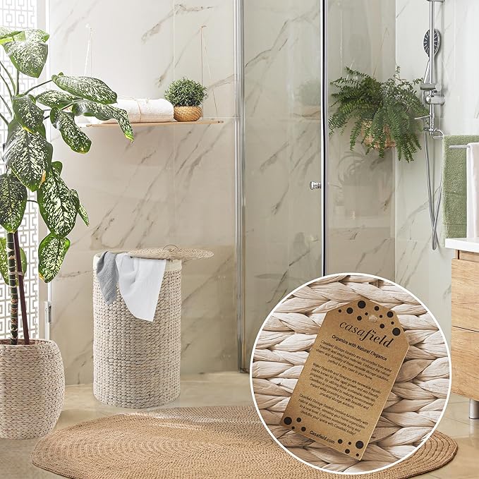 Casafield Round Laundry Hamper with Lid and Removable Liner Bag - Whitewash, Woven Water Hyacinth Wicker Laundry Basket for Clothes and Towels