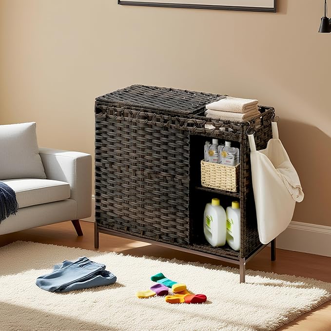 Laundry Hamper with Lid, 110L (29.1 Gal) Rattan Laundry Hamper 2 Section with 50L (13.2 Gal) Storage Shelf, Wicker Woven Laundry Sorter Basket with 3 Liner Bags and Handles, Brown GLH002BR