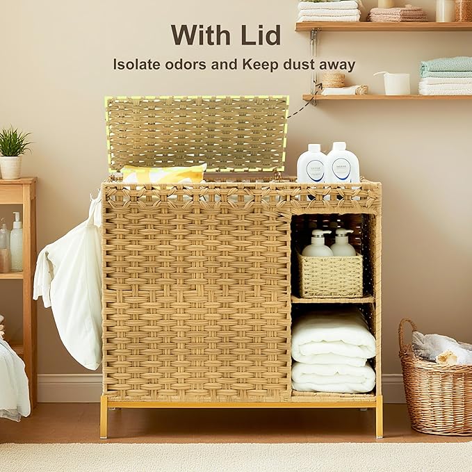 Laundry Hamper with Lid, 110L (29.1 Gal) Rattan Laundry Hamper 2 Section with 50L (13.2 Gal) Storage Shelf, Wicker Woven Laundry Sorter Basket with 3 Liner Bags and Handles, Natural GLH002N