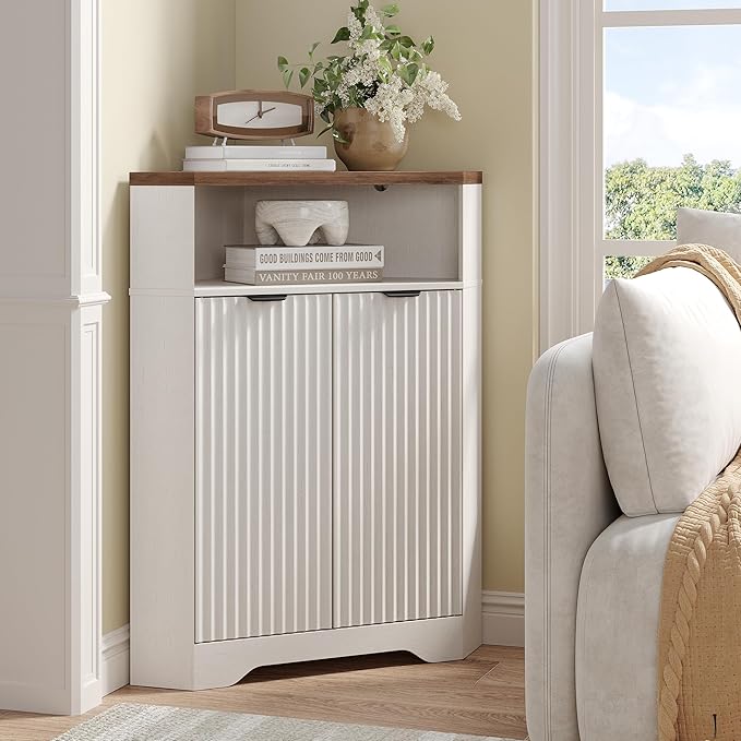 Vabches Corner Cabinet, Corner Bathroom Cabinet with Open Storage, Modern Fluted Storage Cabinet with 2 Doors and Adjustable Shelf, Home Space Saver for Bathroom, Kitchen, Living Room, Pantry, White