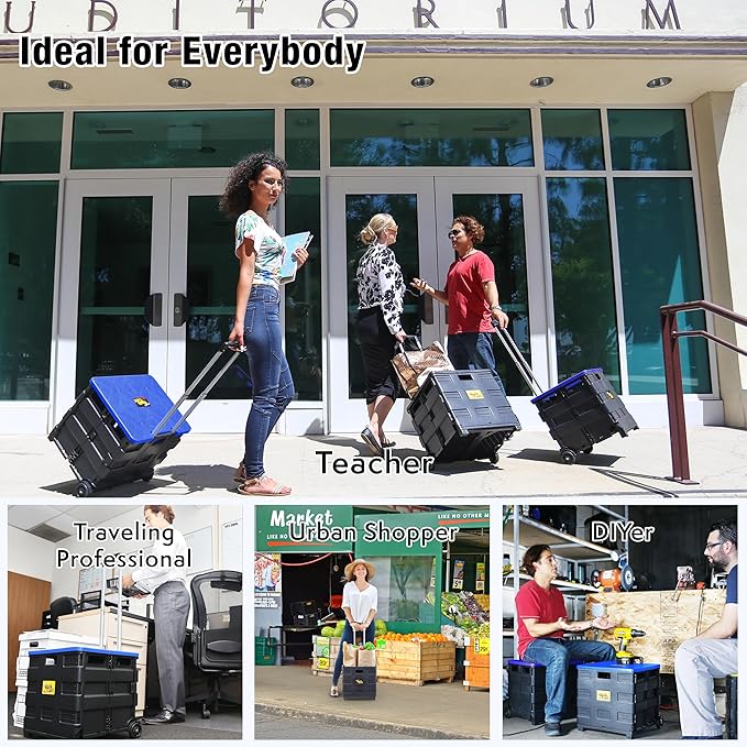 dbest products Quik Cart Collapsible Rolling Crate on Wheels for Teachers Tote Basket, 80 lbs Capacity, Blue Lid Made from Heavy Duty Plastic and used as a Seat