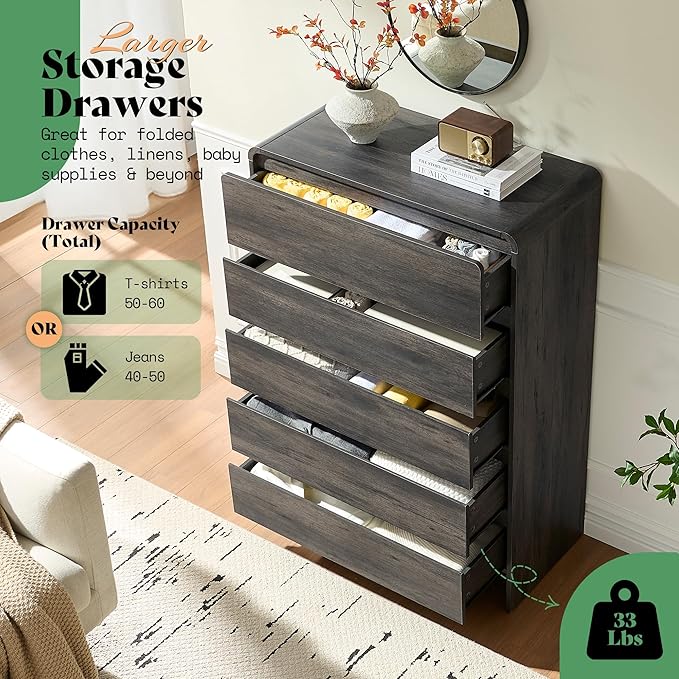 AMERLIFE 5 Drawer Dresser for Bedroom, 48" Tall Modern Chest of Storage Drawers with Rounded Corners, Anti-Tip Kit, Wood Cabinet Organizer for Closet, Apartment, Nursery, Easy Assembly, Black