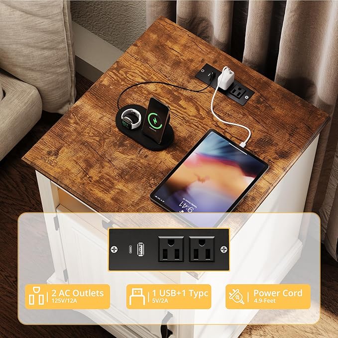 IRONCK Farmhouse Nightstand with Charging Station and LED Light, Wood Side Table with Storage Cabinet & Open Shelf，Bedside Table with Pull-Out Shelf for Bedroom, White