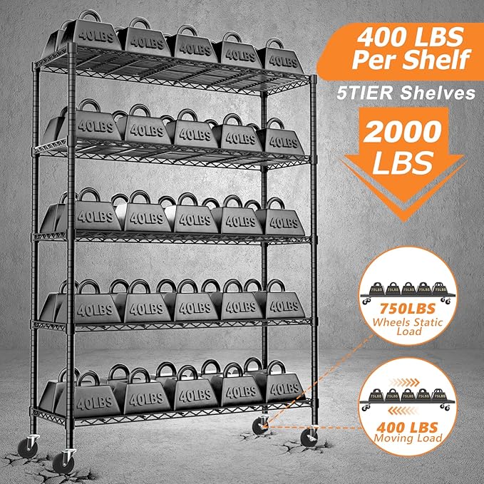 Storage Shelves Heavy Duty with Wheels,45"W x 20"D x 72"H Garage Wire Shelving Unit Loads 2000LBS,5-tier Adjustable Metal Industrial Utility Shelf Rack for Kitchen,Laundry,Pantry,Warehouse,Basement