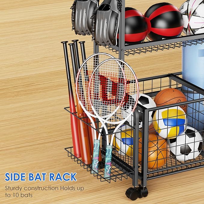 Garage Ball Storage, 2 in 1 Sports Equipment Organizer, Garage Organizer with Basket and Hooks, Individually Movable Rolling Sports Ball Organizer Cart, Black