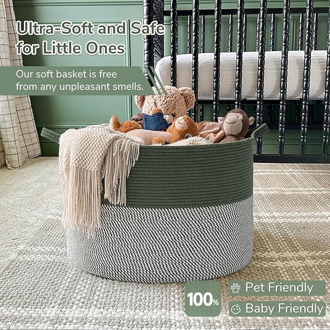 INDRSSME Large Laundry Storage Basket, 21.7 x13. 8 - Decorative Rope Blanket Basket for Organizing Bedroom, Living Room, Nursery, Toy Storage for Colthes Towel, Empty Gift Baskets -Green
