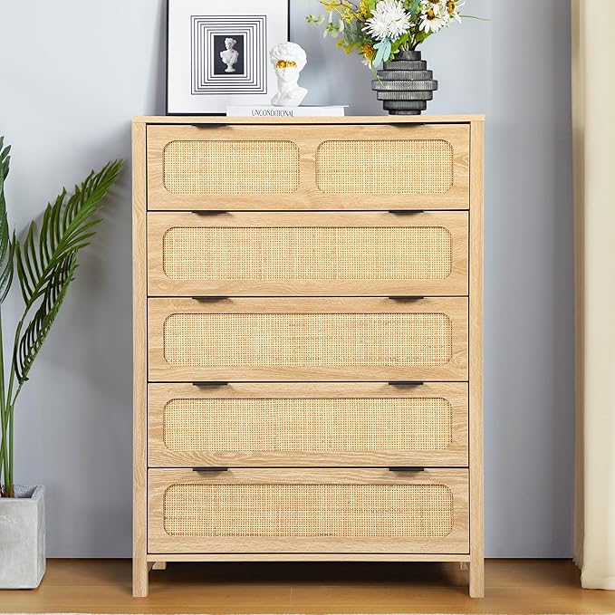 5 Drawer Dresser with Rattan Finish, Modern Farmhouse Chest of Drawers with Metal Handles, Accent Wood Storage Cabinet for Bedroom, Living Room (Natural)