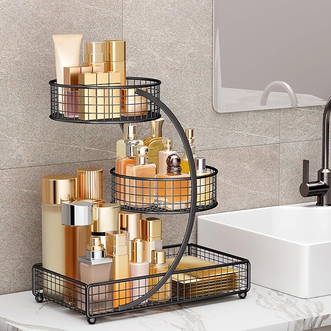 HBlife Makeup Organizer for Vanity, 3 Tier Metal Bathroom Countertop Organizers Skin Care Storage, Bathroom Counter Shelf Skincare Holder Perfume Cosmetic Display, Black
