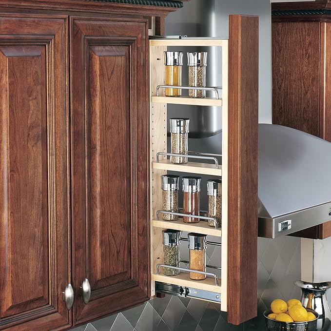 Rev-A-Shelf 3" W x 36" H Pull Out Quad Shelf Organizer for Wall & Base Kitchen Cabinets, Full Extension Filler Spice Rack, Adjustable, Wood, 432-WF36-3C