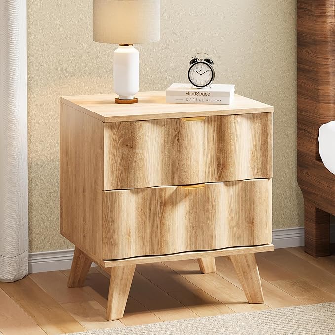 Nightstand, Bedside Table with 2 Drawers and Metal Handles, Sofa Side End Table with Storage for Bedroom, Living Room, Entryway (Natural)