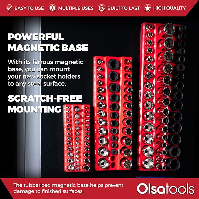 Olsa Tools Magnetic Socket Organizer | 3pc Socket Holder Kit | 1/2-Inch, 3/8-Inch, & 1/4-Inch Drive | Socket Organizers For Toolboxes | Red | Holds 123 | Professional-Grade Tool Organizer | Part 1560