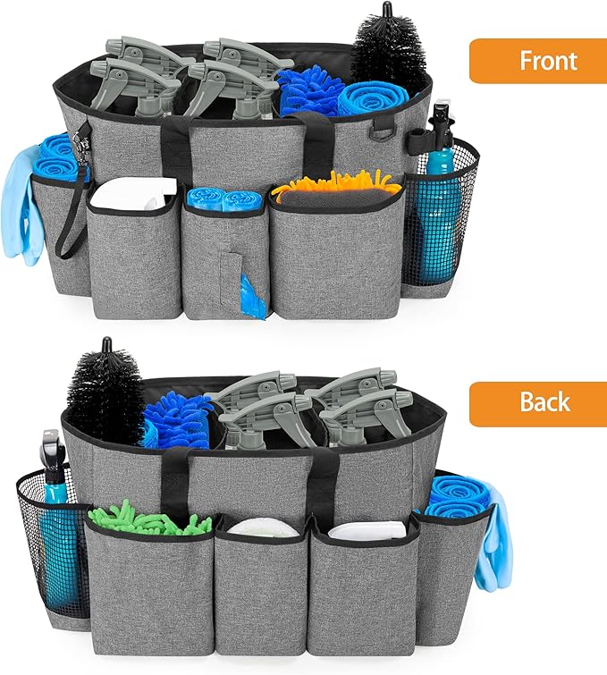 LoDrid Professional Cleaning Tote Caddy for Cleaning Supplies, Cleaning Bag Organizer with Dividers and Handle Strap for Housekeepers Work, Gray, (Bag Only)