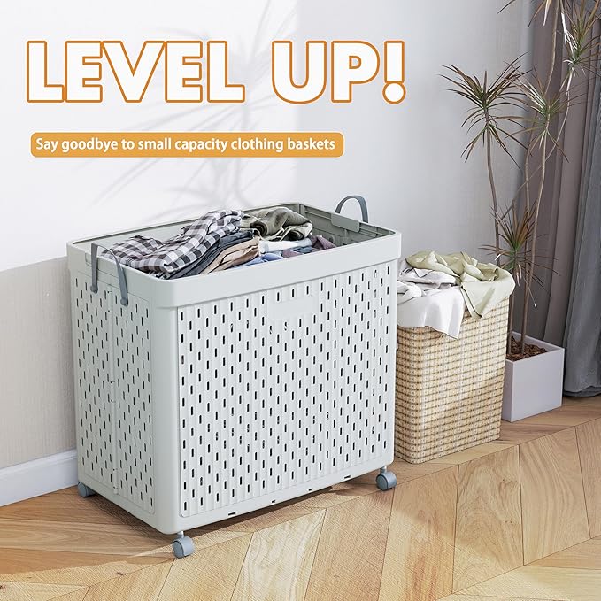 UAK Laundry Basket with Wheels, Collapsible Plastic Laundry Hamper with Handle, Foldable Laundry Basket Organizer for Laundry and Bathroom Light Grey, XXXXL (110L)