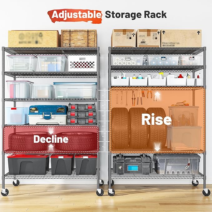 82" H X45 W X18 D Storage Shelves with Wheels, 6 Tier Wire Shelving Adjustable Metal Shelving Pantry Shelves Capacity 1200LBS for Garage Shelving, Pantry, Kitchen, Closet, Black,2P