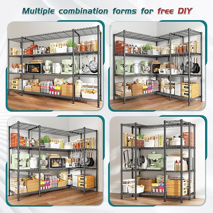 REIBII 78.4''W Garage Shelving Wire Shelving Unit Load 1500LBS,4 Tier Metal Shelving with Adjustable Metal Shelf Storage Shelves for Pantry Shelves Commercial Shelf Kitchen Garage 11.8''Dx59''H