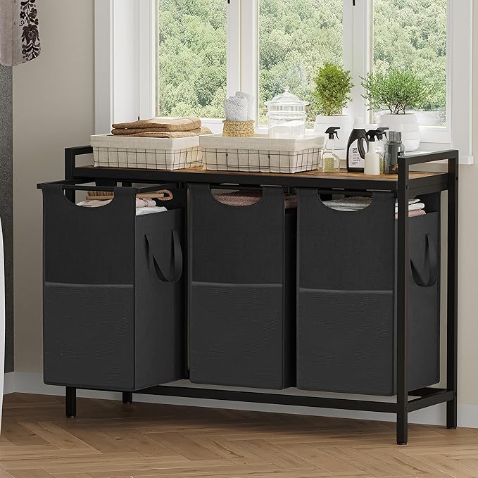 Heybly Laundry Hampers, 3 × 12.5 Gal Laundry Basket with Large Desktop Sorter for Laundry Room Organization, Bathroom and Dorm Laundry Bags on Storage Shelf, Rustic Brown HLH003SR