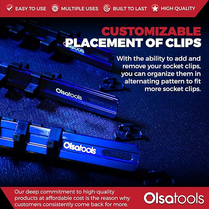 Olsa Tools 3 Pc Set Aluminum Socket Organizer with Locking End Caps | 1/4-Inch Drive x 24 Clips, 3/8-Inch Drive x 18 Clips, 1/2-Inch Drive x 16 Clips | Professional Quality Socket Holder (Blue)