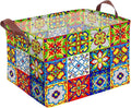 Mexican Talavera Decoration Storage Basket Waterproof Canvas Toy Storage Bin Collapsible Outdoor Basket with Leather Handles Mexican Talavera Decor Blanket Baskets For Closets,Bedrooms,Gifts Baskets