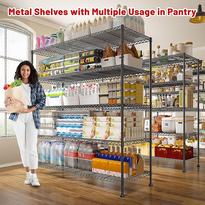 REIBII 45.8“W Storage Shelves Metal Shelving, 5-Tier Wire Shelving, Sturdy Garage Shelving, Adjustable Storage Rack for Pantry Kitchen Dining Room Supermarket Commercial